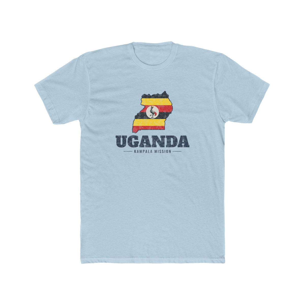 Uganda Kampala Mission Flag Map shirt in Desert Pink: flag of Uganda in the outline of Uganda with navy lettering, front view