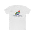 South Africa Johannesburg Mission Flag Map shirt in White: flag of South Africa in the outline of South Africa with navy lettering, front view
