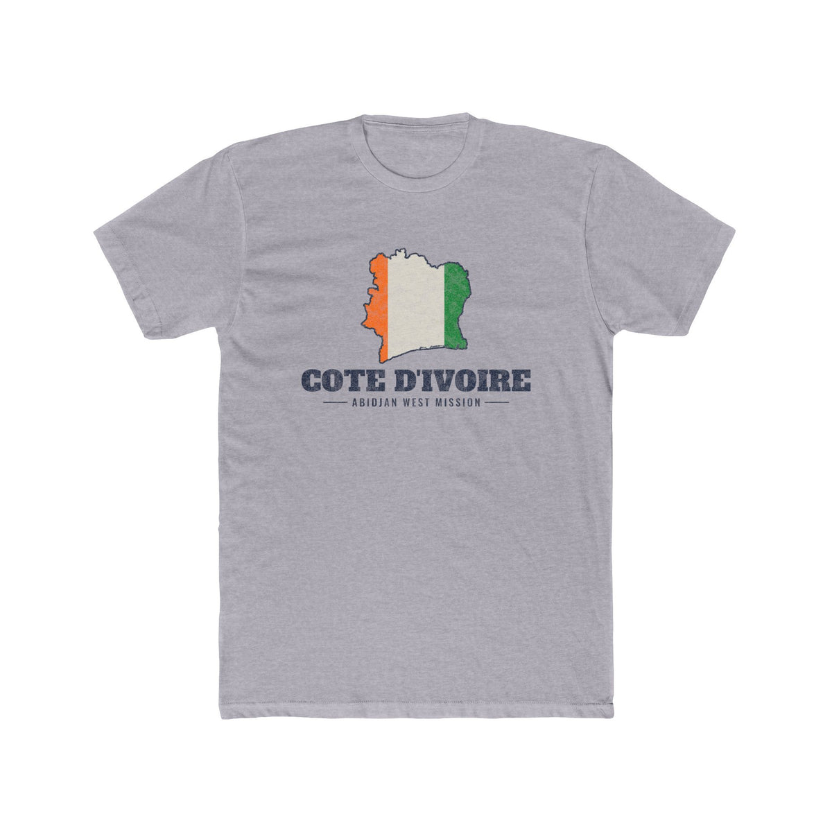 Cote d'Ivoire Abidjan West Mission Flag Map shirt in Heather Grey: flag of Cote d'Ivoire in the outline of Cote d'Ivoire with navy lettering, front view