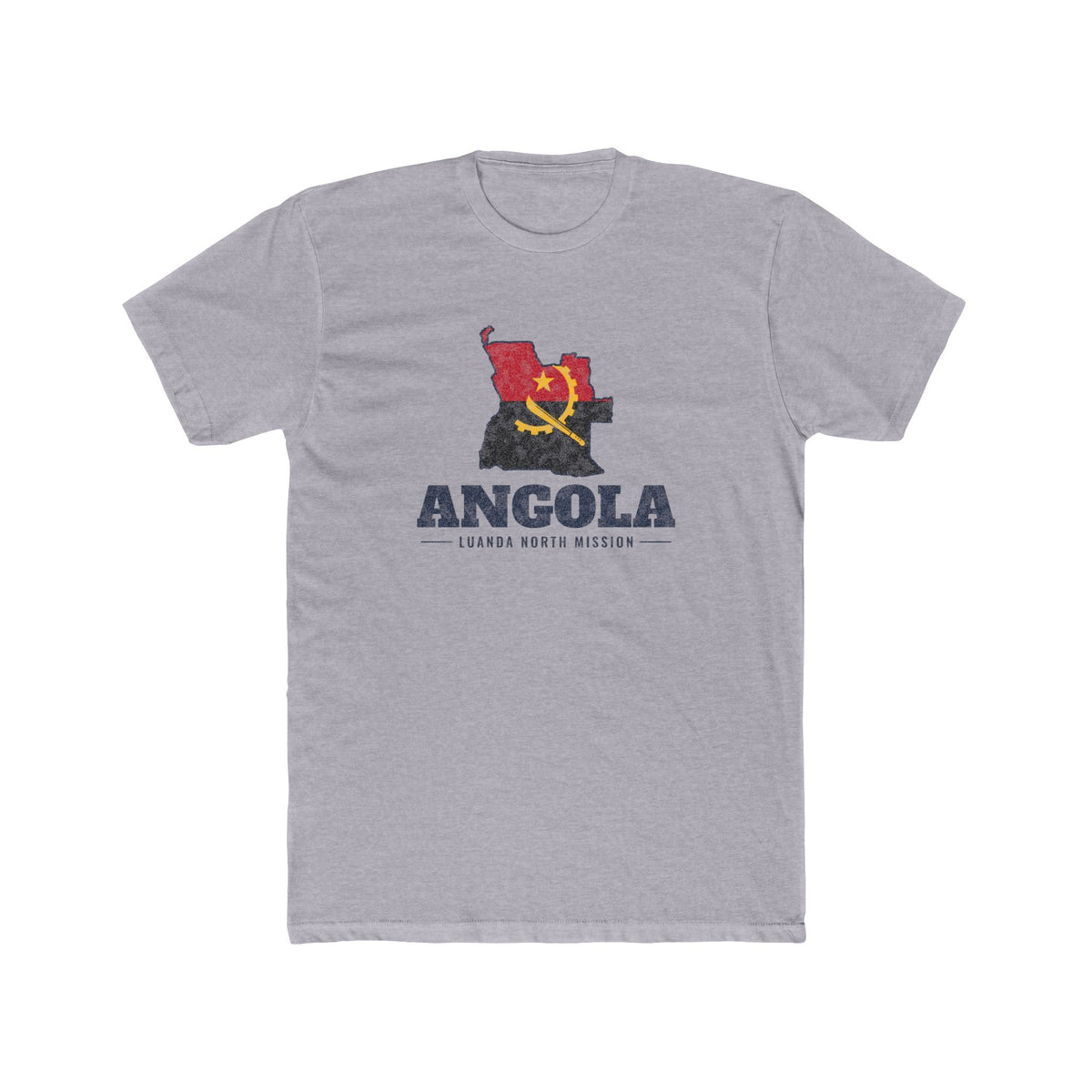 Angola Luanda North Mission Flag Map shirt in Heather Grey: flag of Angola in the outline of Angola with navy lettering, front view