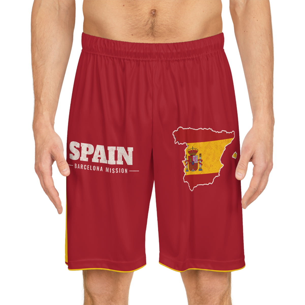 Spain Barcelona Mission Basketball Shorts, worn, front view