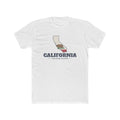 California San Diego Mission Flag Map shirt in White: California state flag in the outline of California with navy lettering, front view
