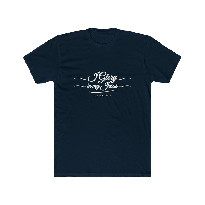 I Glory in My Jesus script shirt in English, white ink on Midnight Navy: “I glory in my Jesus”, 2 Nephi 33:6