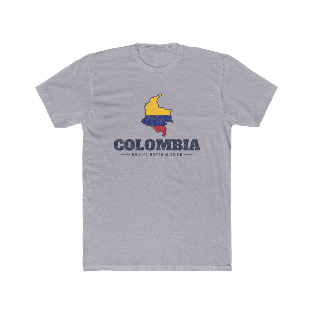 Colombia Bogota North Mission Flag Map shirt in Heather Grey: flag of Colombia in the outline of Colombia with navy lettering, front view