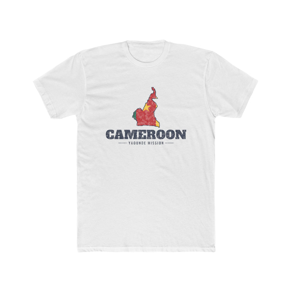 Cameroon Yaounde Mission Flag Map shirt in White: flag of Cameroon in the outline of Cameroon with navy lettering, front view