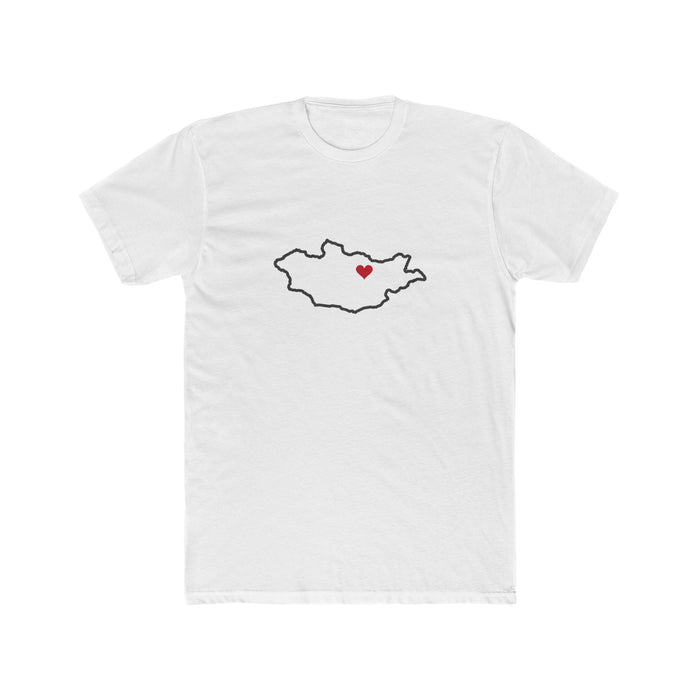 Mongolia Ulaanbaatar Mission Heart Map shirt in White: Mongolia outline with a red heart, front view