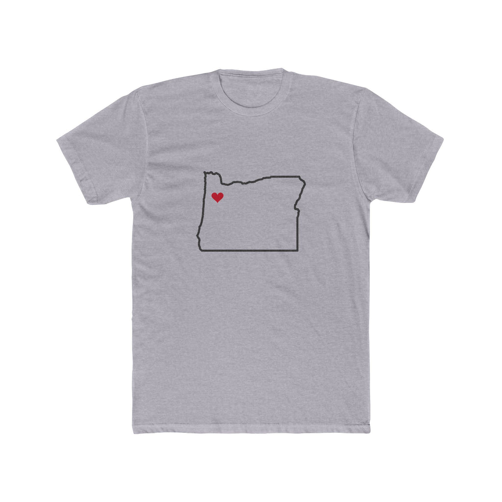 Oregon Salem Mission Heart Map shirt in Heather Grey: Oregon outline with a red heart, front view