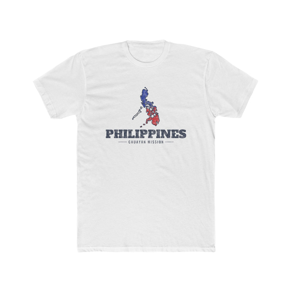 Philippines Cauayan Mission Flag Map shirt in White: colors of the Philippine flag in the outline of the Philippines with navy lettering, front view