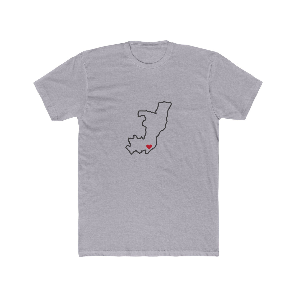 Republic of Congo Brazzaville Mission Heart Map shirt in Heather Grey: Republic of Congo outline with a red heart, front view