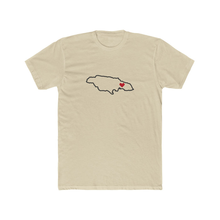 Jamaica Kingston Mission Heart Map shirt in Cream: Jamaica outline with a red heart, front view