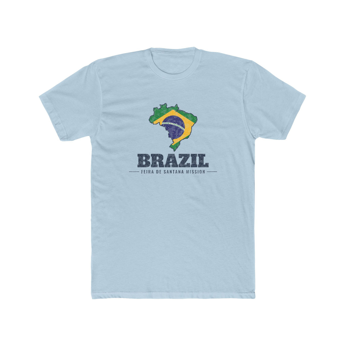 Brazil Feira de Santana Mission Flag Map shirt in Desert Pink: flag of Brazil in the outline of Brazil with navy lettering, front view