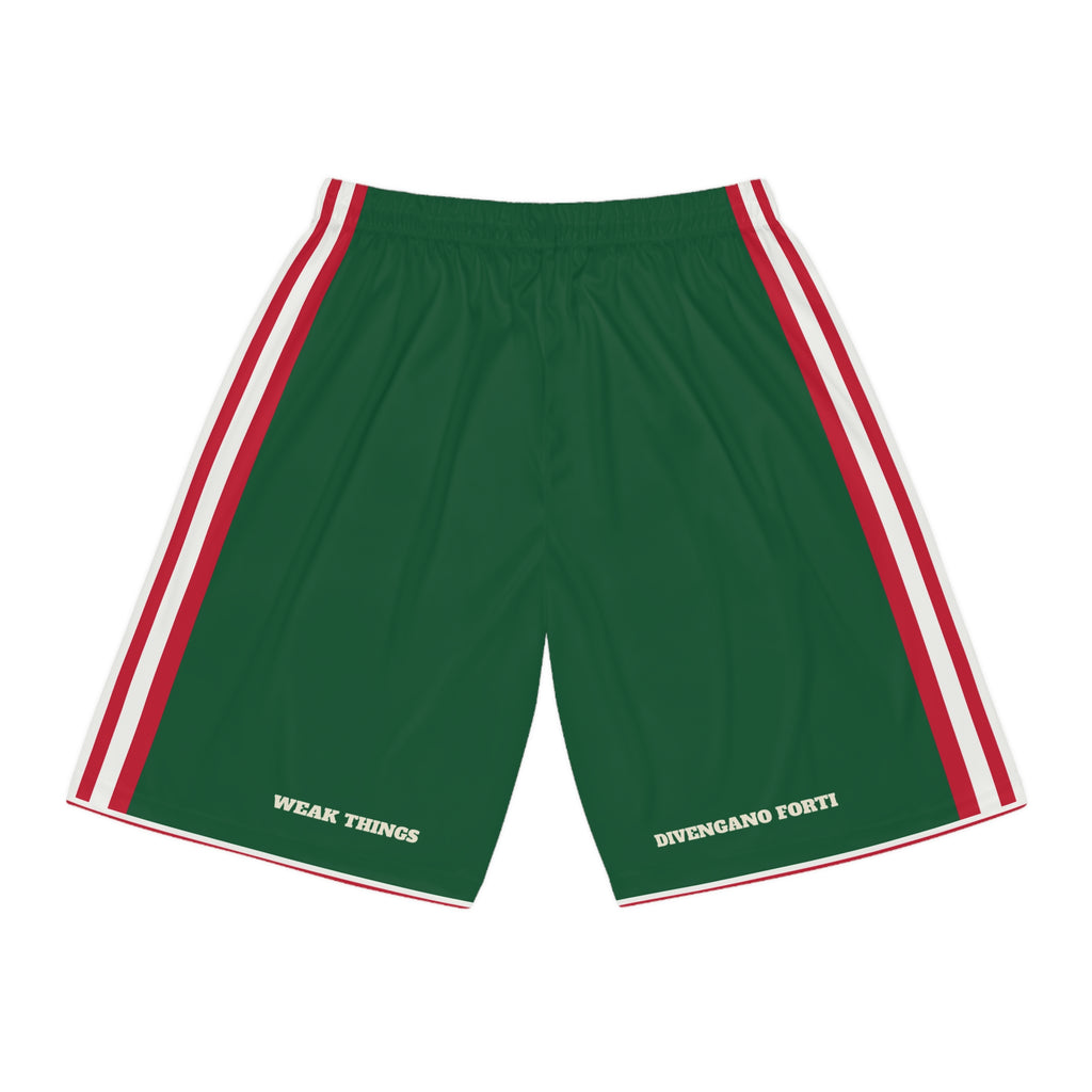 Italy Milan Mission Basketball Shorts, back view with WEAK THINGS and DIVENGANO FORTI on the legs