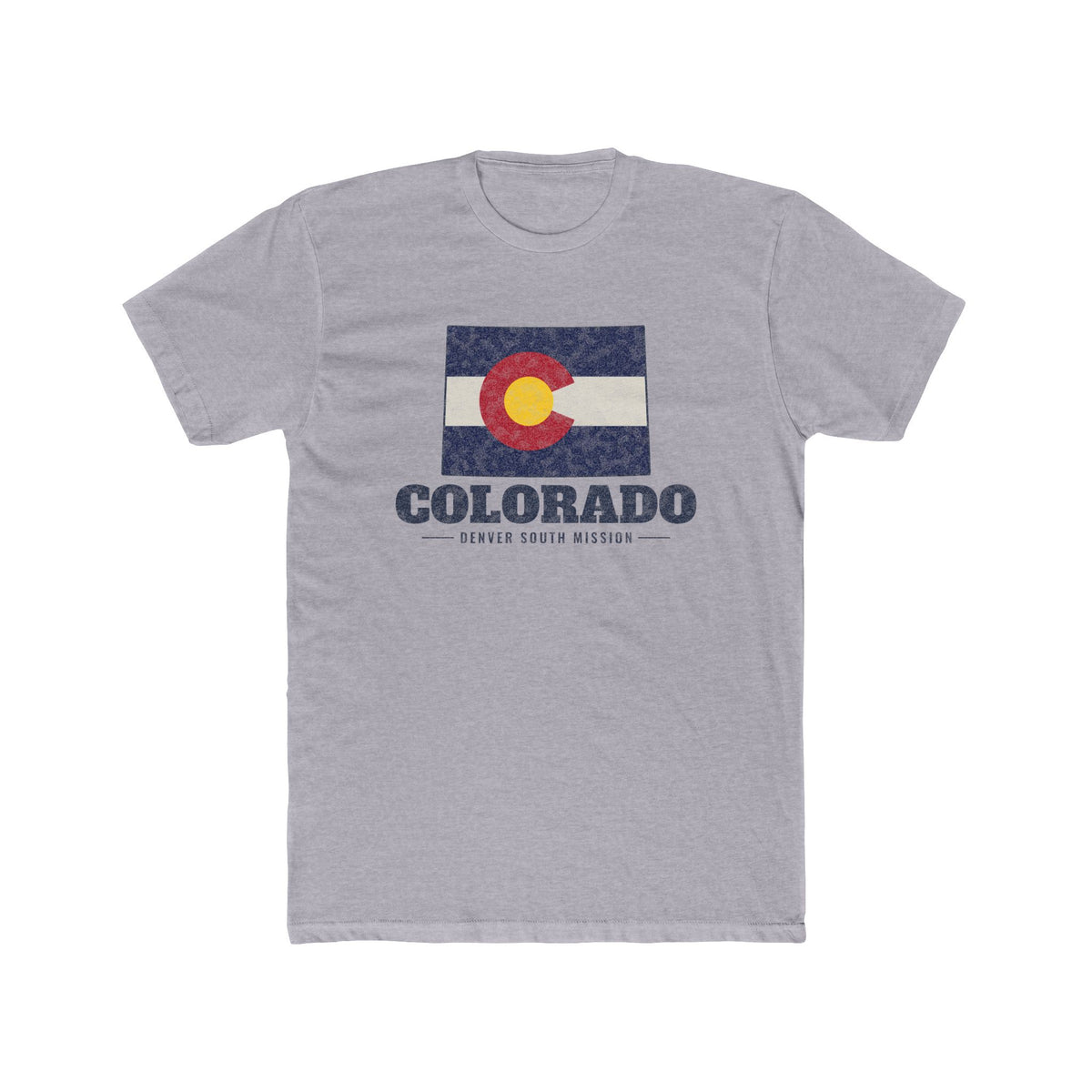 Colorado Denver South Mission Flag Map shirt in Heather Grey: Colorado state flag in the outline of Colorado with navy lettering, front view