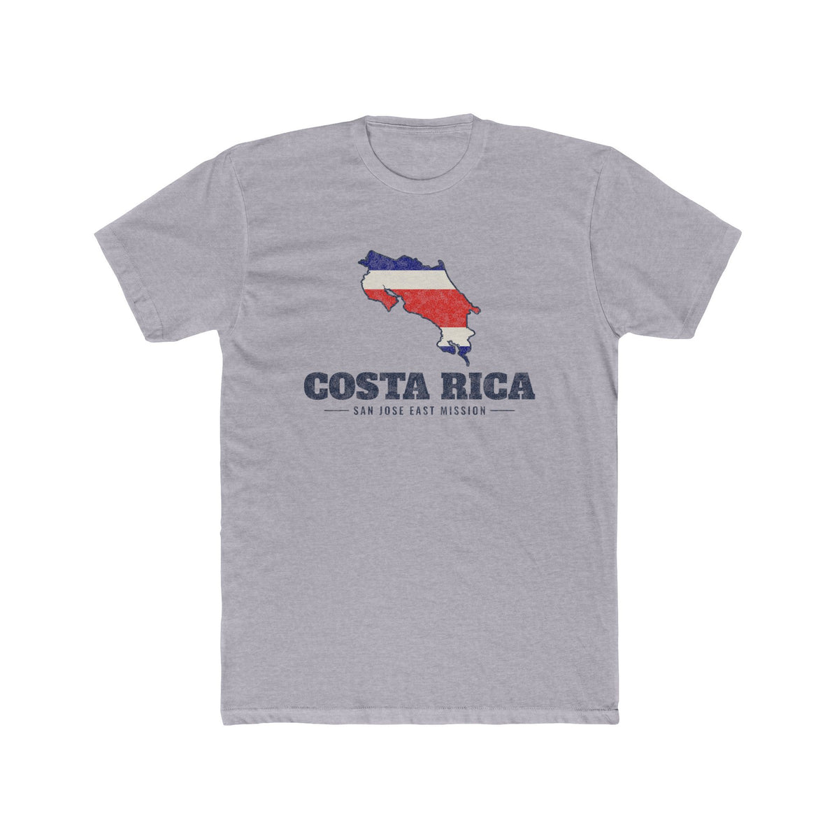 Costa Rica San Jose East Mission Flag Map shirt in Heather Grey: flag of Costa Rica in the outline of Costa Rica with navy lettering, front view