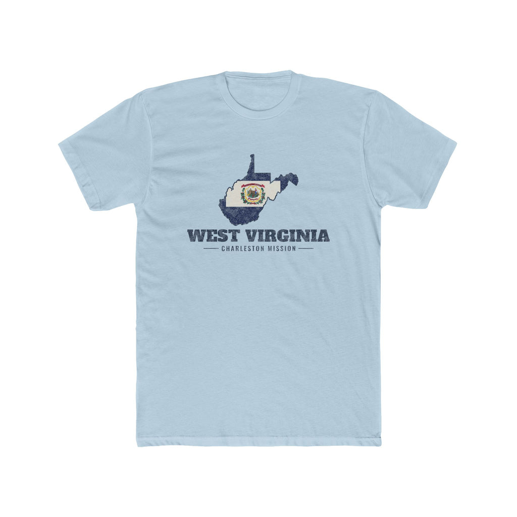 West Virginia Charleston Mission Flag Map shirt in Desert Pink: West Virginia state flag in the outline of West Virginia with navy lettering, front view