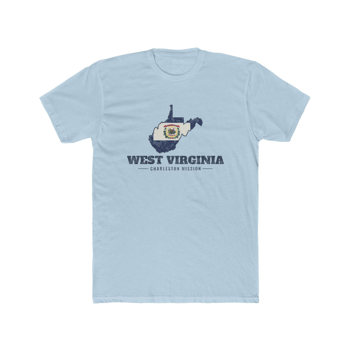 West Virginia Charleston Mission Flag Map shirt in Desert Pink: West Virginia state flag in the outline of West Virginia with navy lettering, front view