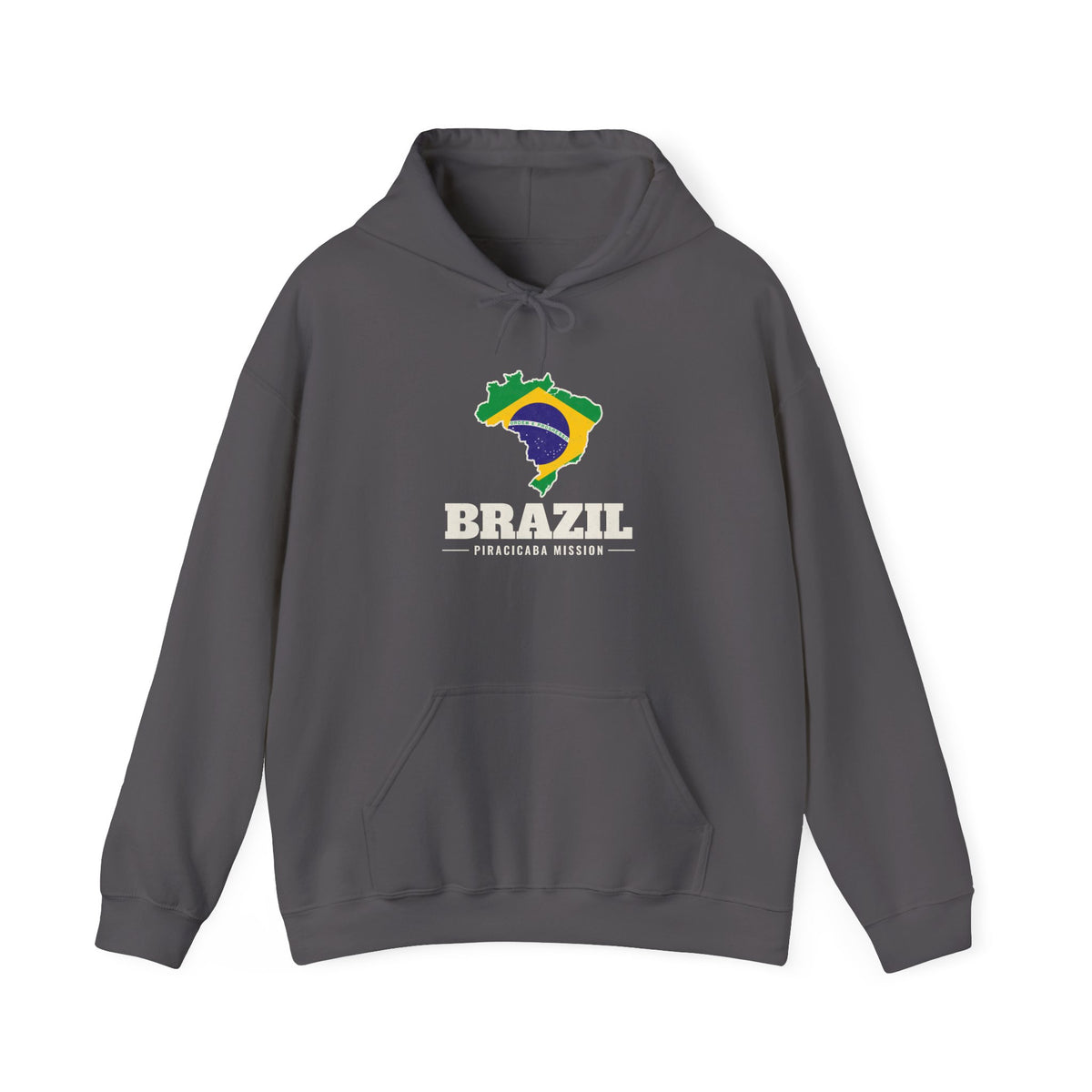 Brazil Piracicaba Mission Flag Map Hoodie in Charcoal, front view with the Brazil flag map and mission name
