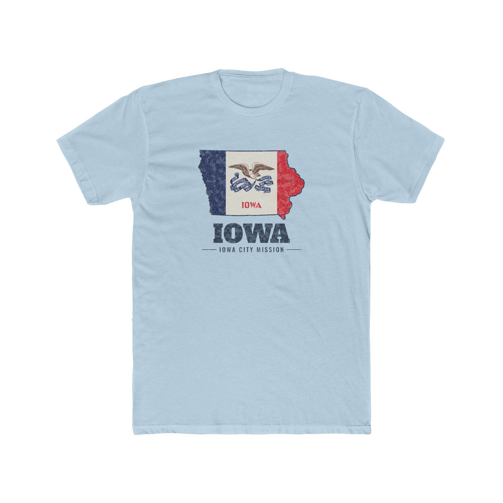 Iowa Iowa City Mission Flag Map shirt in Desert Pink: Iowa state flag in the outline of Iowa with navy lettering, front view