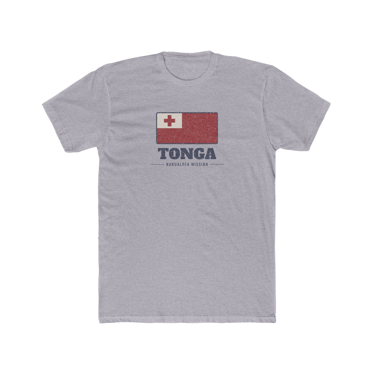 Tonga Nukualofa Mission Flag Map shirt in Heather Grey: flag badge of Tonga with navy lettering, front view