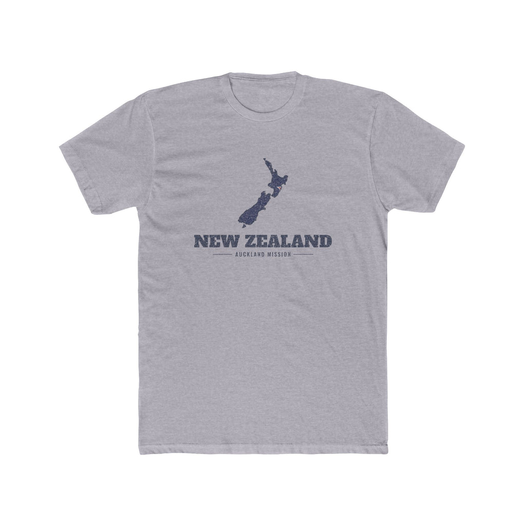 New Zealand Auckland Mission Flag Map shirt in Heather Grey: flag of New Zealand in the outline of New Zealand with navy lettering, front view