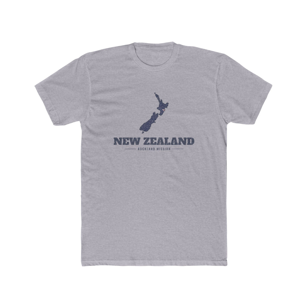 New Zealand Auckland Mission Flag Map shirt in Heather Grey: flag of New Zealand in the outline of New Zealand with navy lettering, front view