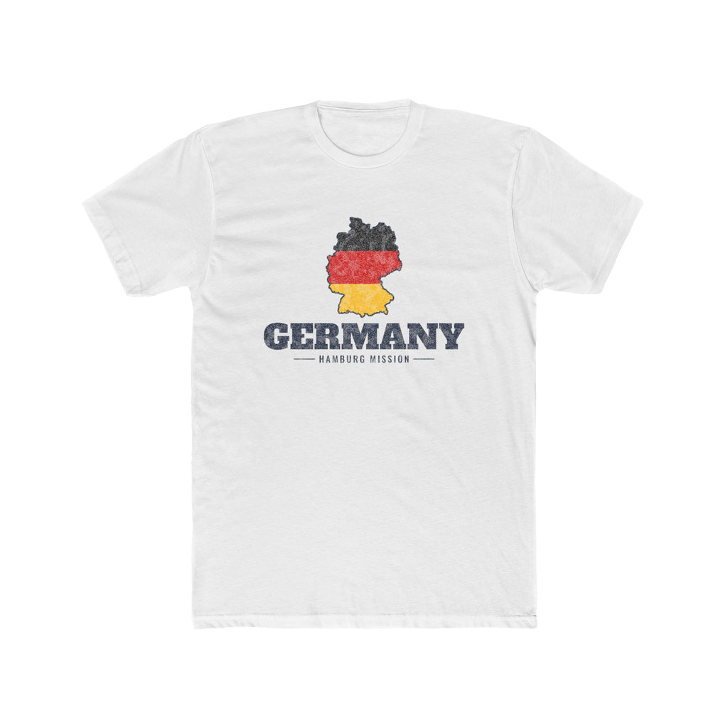Germany Hamburg Mission Flag Map shirt in White: flag of Germany in the outline of Germany with navy lettering, front view