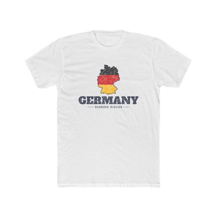 Germany Hamburg Mission Flag Map shirt in White: flag of Germany in the outline of Germany with navy lettering, front view