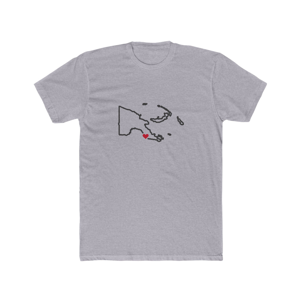 Papua New Guinea Port Moresby Mission Heart Map shirt in Heather Grey: Papua New Guinea outline with a red heart, front view