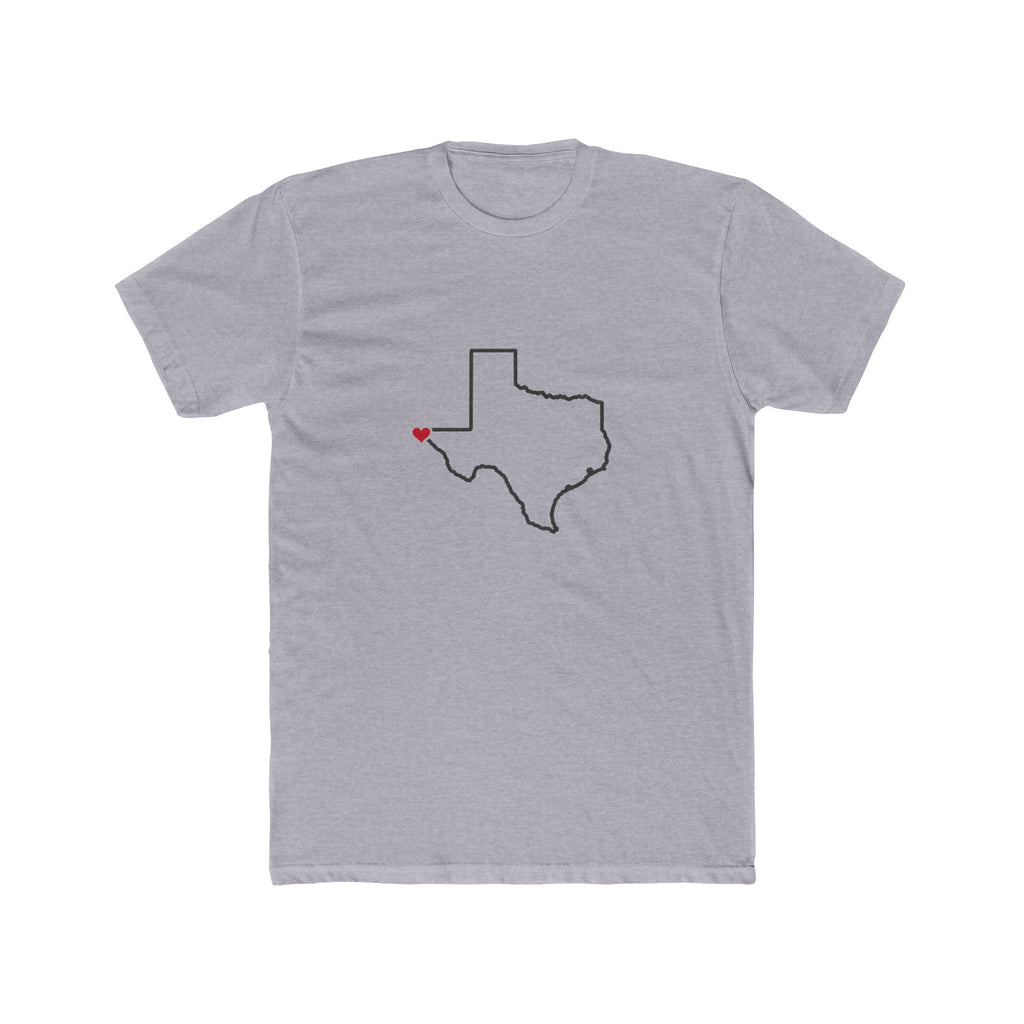 Texas El Paso Mission Heart Map shirt in Heather Grey: Texas outline with a red heart, front view