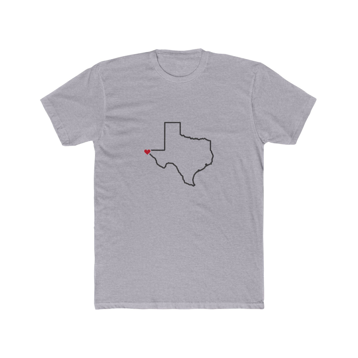 Texas El Paso Mission Heart Map shirt in Heather Grey: Texas outline with a red heart, front view