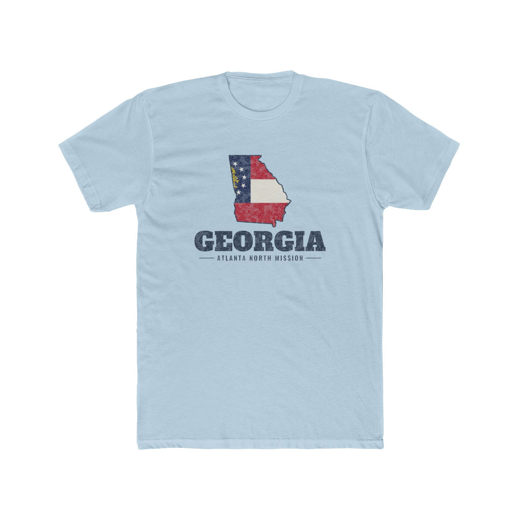 Georgia Atlanta North Mission Flag Map shirt in Desert Pink: Georgia state flag in the outline of Georgia with navy lettering, front view