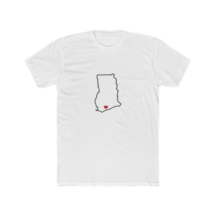 Ghana Cape Coast Mission Heart Map shirt in White: Ghana outline with a red heart, front view