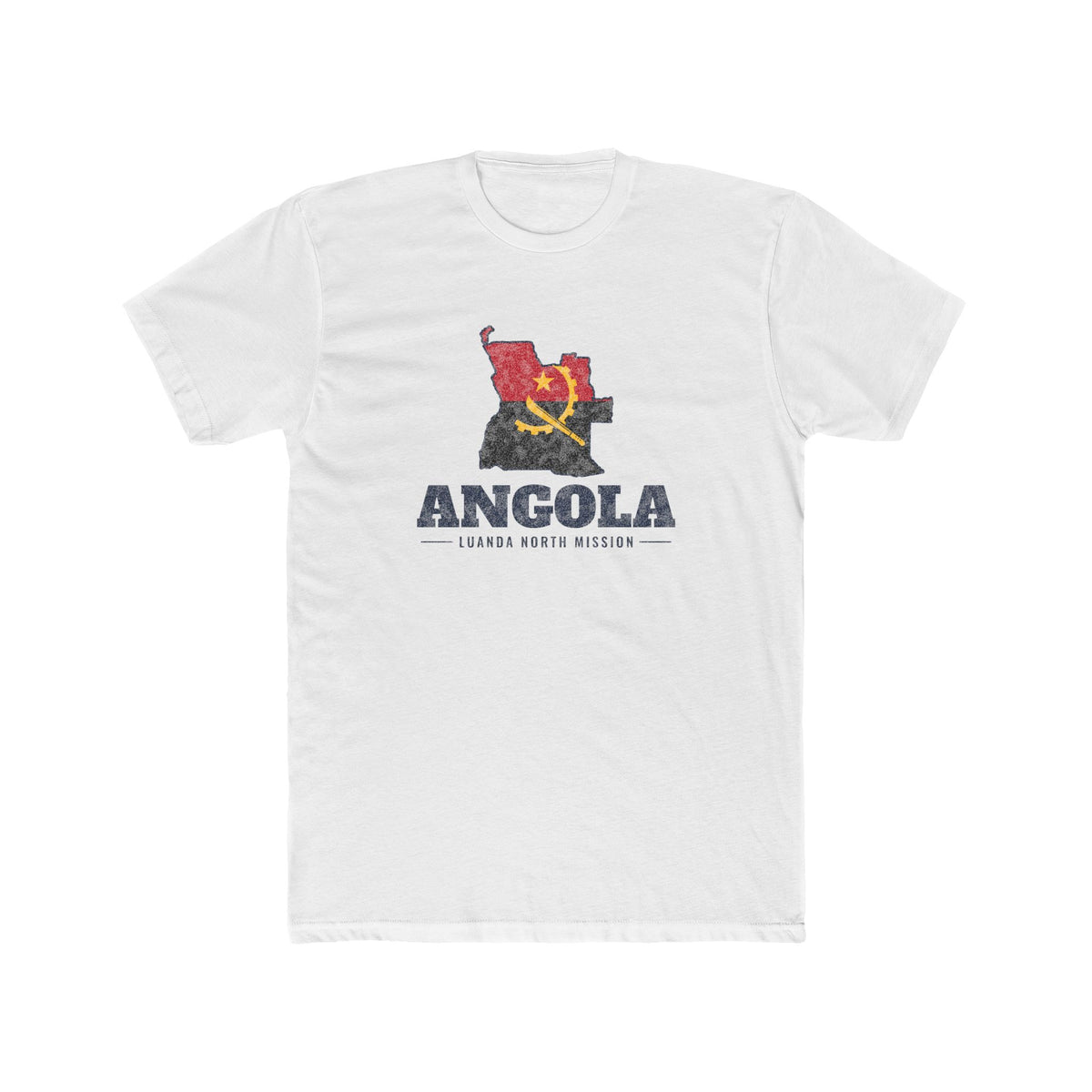 Angola Luanda North Mission Flag Map shirt in White: flag of Angola in the outline of Angola with navy lettering, front view
