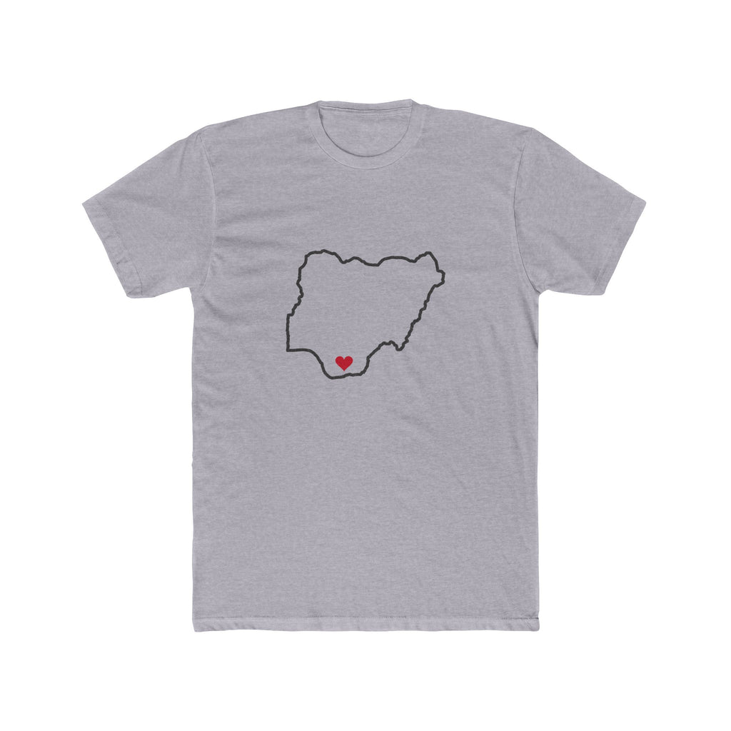 Nigeria Owerri Mission Heart Map shirt in Heather Grey: Nigeria outline with a red heart, front view
