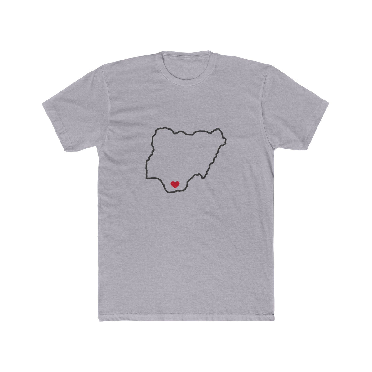 Nigeria Owerri Mission Heart Map shirt in Heather Grey: Nigeria outline with a red heart, front view