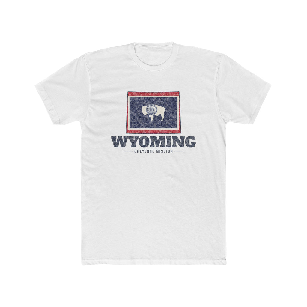 Wyoming Cheyenne Mission Flag Map shirt in White: Wyoming state flag in the outline of Wyoming with navy lettering, front view