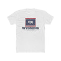 Wyoming Cheyenne Mission Flag Map shirt in White: Wyoming state flag in the outline of Wyoming with navy lettering, front view