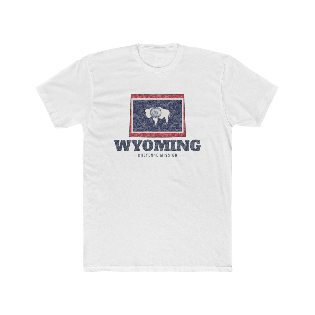 Wyoming Cheyenne Mission Flag Map shirt in White: Wyoming state flag in the outline of Wyoming with navy lettering, front view