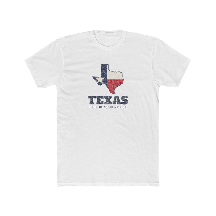 Texas Houston South Mission Flag Map shirt in White: Texas state flag in the outline of Texas with navy lettering, front view