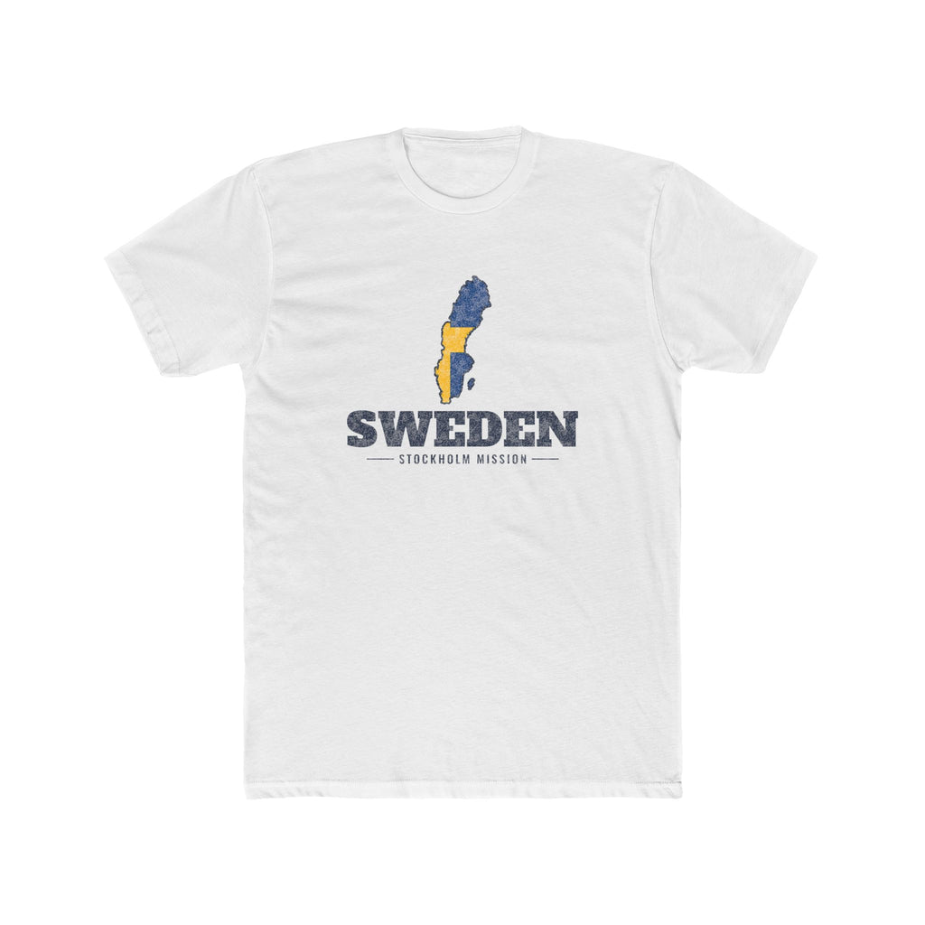 Sweden Stockholm Mission Flag Map shirt in White: flag of Sweden in the outline of Sweden with navy lettering, front view