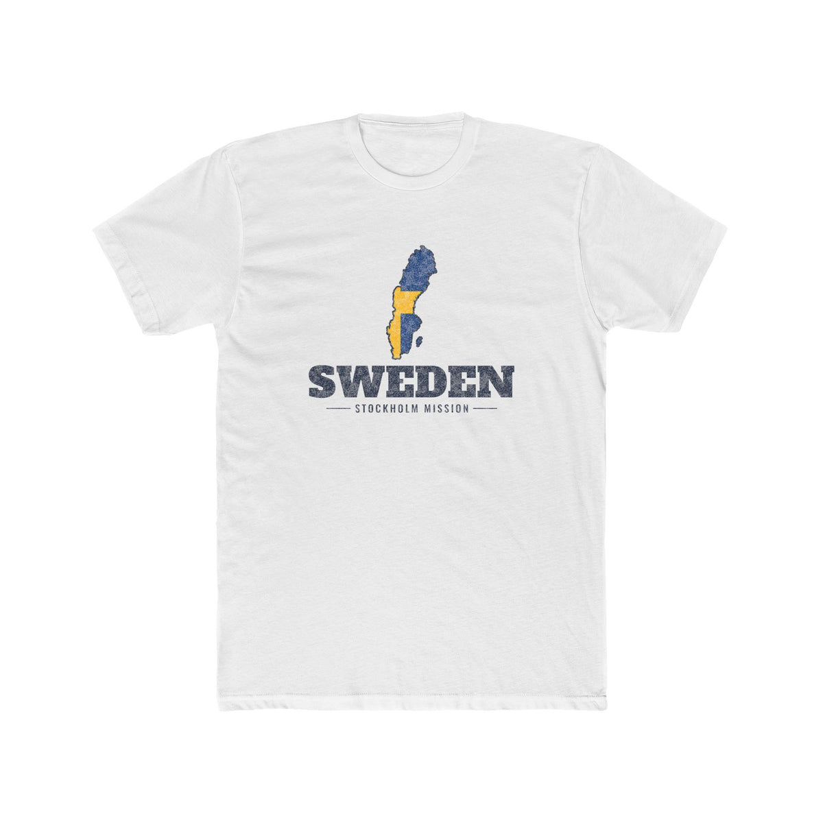 Sweden Stockholm Mission Flag Map shirt in White: flag of Sweden in the outline of Sweden with navy lettering, front view