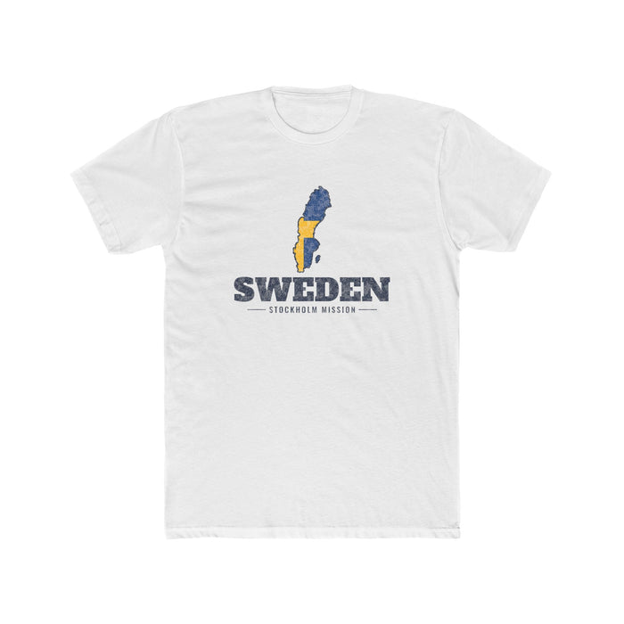 Sweden Stockholm Mission Flag Map shirt in White: flag of Sweden in the outline of Sweden with navy lettering, front view