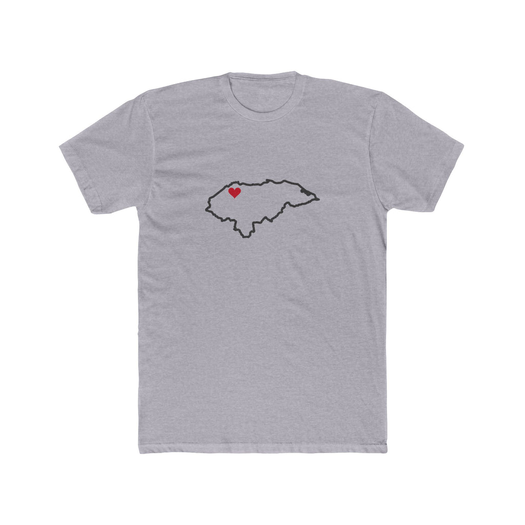 Honduras San Pedro Sula East Mission Heart Map shirt in Heather Grey: Honduras outline with a red heart, front view