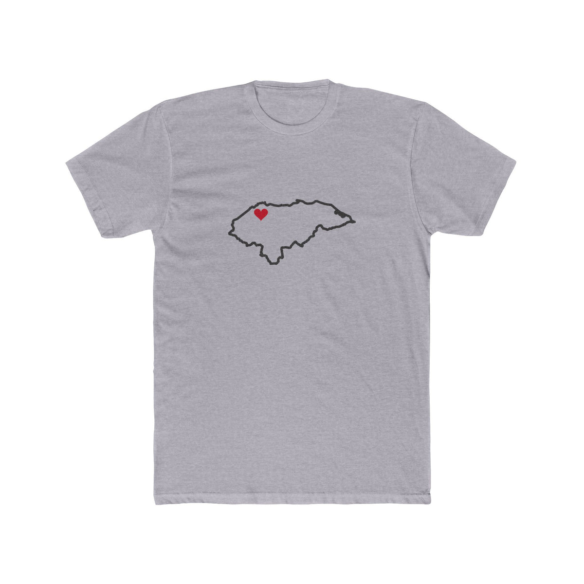 Honduras San Pedro Sula East Mission Heart Map shirt in Heather Grey: Honduras outline with a red heart, front view