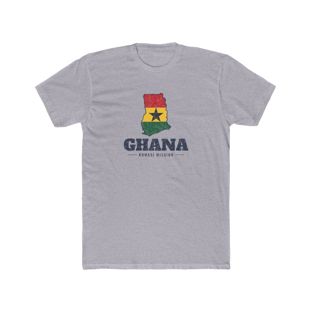 Ghana Kumasi Mission Flag Map shirt in Heather Grey: flag of Ghana in the outline of Ghana with navy lettering, front view