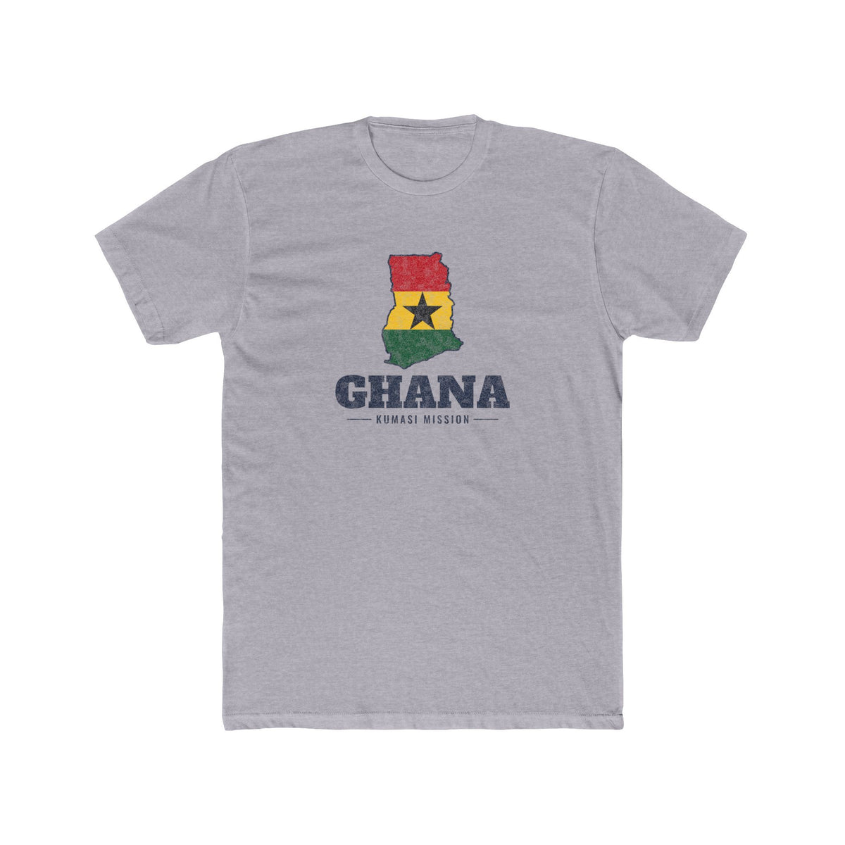 Ghana Kumasi Mission Flag Map shirt in Heather Grey: flag of Ghana in the outline of Ghana with navy lettering, front view