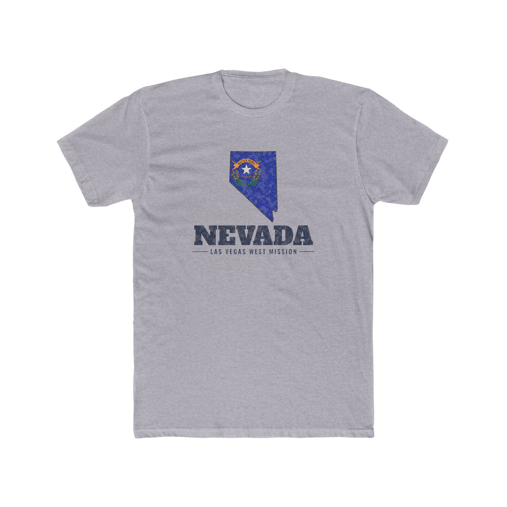 Nevada Las Vegas West Mission Flag Map shirt in Heather Grey: Nevada state flag in the outline of Nevada with navy lettering, front view