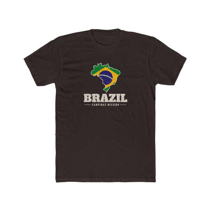 Brazil Campinas Mission Flag Map shirt in Dark Chocolate: flag of Brazil in the outline of Brazil with cream lettering, front view