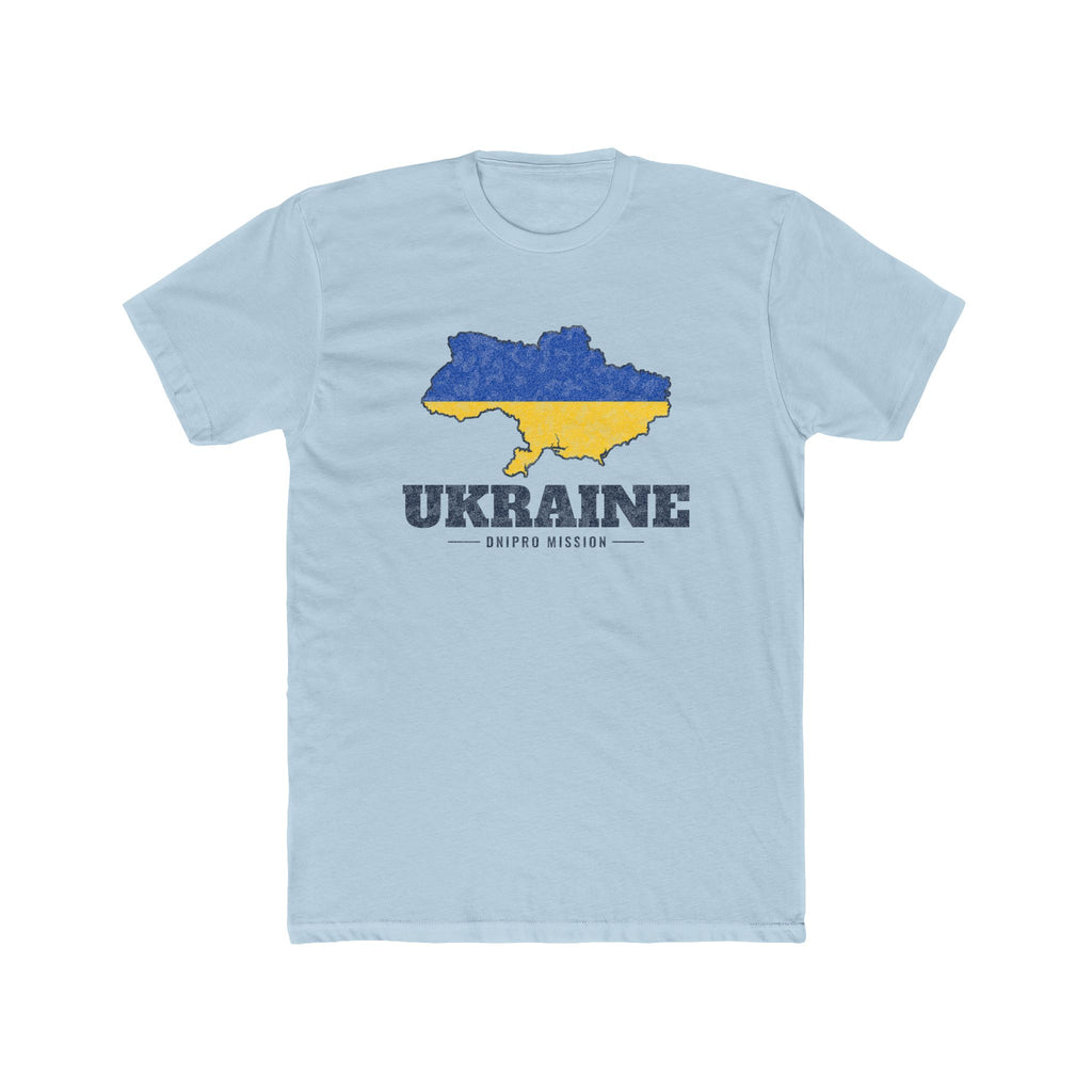 Ukraine Dnipro Mission Flag Map shirt in Desert Pink: flag of Ukraine in the outline of Ukraine with navy lettering, front view