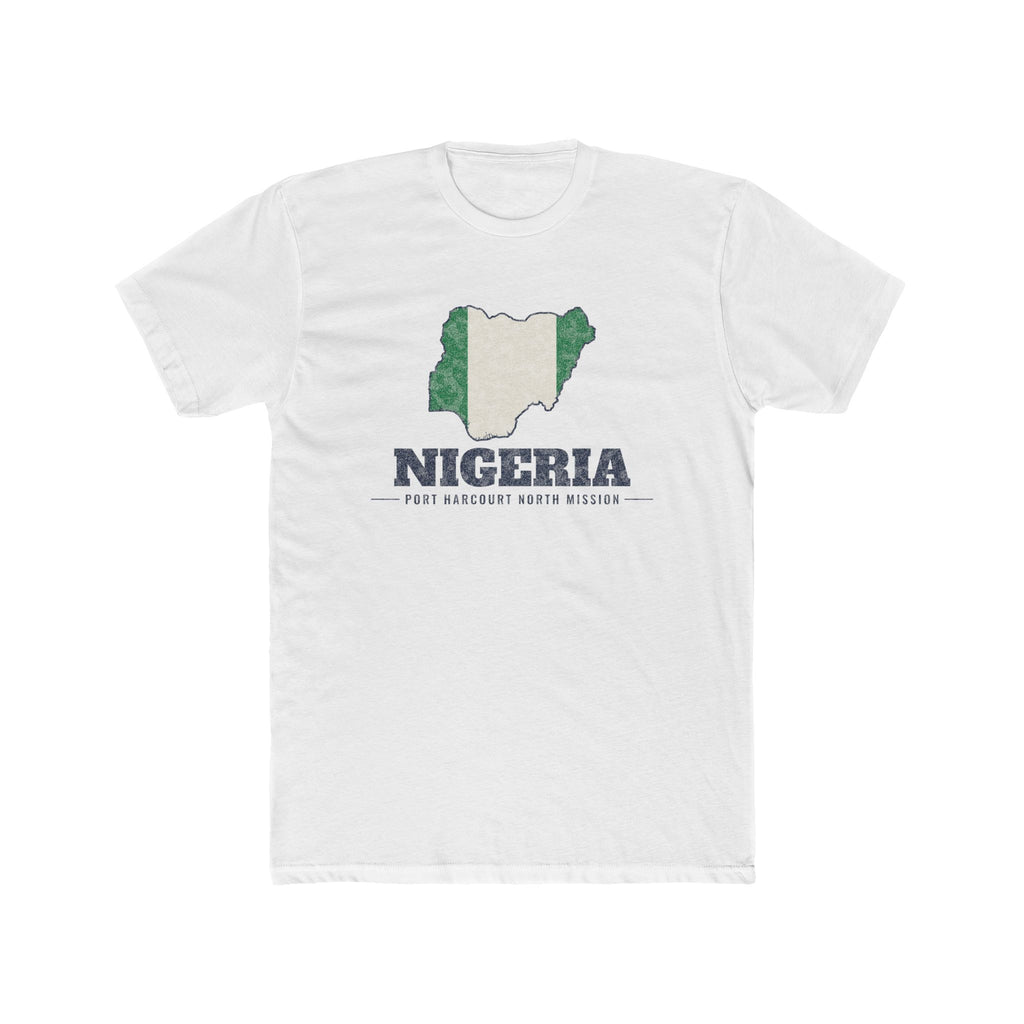 Nigeria Port Harcourt North Mission Flag Map shirt in White: flag of Nigeria in the outline of Nigeria with navy lettering, front view